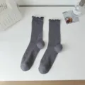 Korean style solid color ribbed mid tube socks for women, cute ruffle cuff casual knit socks. - Iron Gray