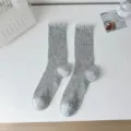 Grey ruffles mid-calf socks, Japanese style minimalist vintage mesh socks for women. - Polyester Material / Light Gray