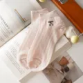 Summer thin mesh women socks cute black bow embroidery breathable ballet core short socks - One Size / Light Pink