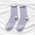 Women purple ruffle cuff ribbed crew socks cotton blend daily wear casual cute hosiery - One Size Bare Socks / Purple