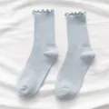 Women solid color mid tube socks with cute ruffle lettuce edge design for daily wear. - One Size Bare Socks / Blue