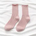 Women's solid pink crew socks with cute ruffled lettuce edge comfortable daily wear - One Size Bare Socks / Pink