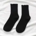 Women black ruffle mid-calf socks sweet lettuce edge thin summer cute daily wear style - One Size Bare Socks / Black