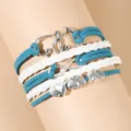 Mehrsträngiges geflochtenes Lederarmband mit blauen und weißen Kordeln und Silberanhängern. - Blau Weißer Herz Stil (ZT1597)
