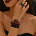 Bracelet d'esclave en dentelle gothique avec bague araignée rose rouge et chaîne noire - Style Perles Noires Rose Rouge 3D Crâne Araignée (MS105-2)
