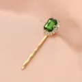 Exquisite Korean retro green zircon hairpin detail, featuring sparkling rhinestones and gold finish. - Single Stone Clip (S34) / Emerald