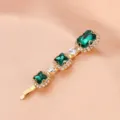 Vintage green rhinestone hair clip elegant gold metal side barrette for women and girls - Triple Stone Clip (S34) / Dark Green