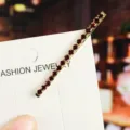 Gold metal hairpin with sparkling red rhinestones on display card, elegant hair accessory for women. - Straight Inlaid Rhinestone Style (10#) / Red Rhinestone
