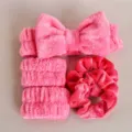 Ensemble bandeau de spa en peluche rose, bracelets et chouchou pour le maquillage du visage. - 4# Bande de Lavage Rose Vif Set de 5
