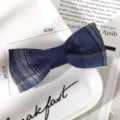Blue plaid bow hair clip, cute college style JK fabric hair accessory for women and girls. - Ink Blue