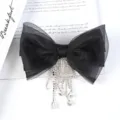 Black organza bow hair clip with rhinestone tassels, elegant detailed view accessory. - Style 1 Black Bowknot Spring Clip / L