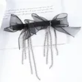 Close-up of black organza bow hair clip with rhinestone tassel chains for elegant styling. - Style 5 Black Bowknot Spring Clip / M