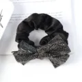Black rhinestone bow hair scrunchie, sparkling crystal elegant hair tie detail view. - Style 3 Inlaid Rhinestone Black Bowknot Hair Tie / L