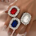 Oversized square crystal statement rings with sparkling rhinestone halo for women fashion jewelry - Three-Piece Set