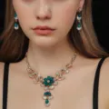 Vista dettagliata della collana e degli orecchini da sposa in strass verde lussuoso - Collezione Lusso Fiore Foglia Goccia (80803606)