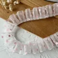 White pleated organza ribbon with pink star print, perfect for DIY doll clothes and craft. - Star Style / 1 Meter