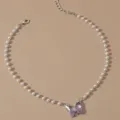 Elegante collar gargantilla de perlas con dije de mariposa de cristal morado, joyería. - Strass Púrpura