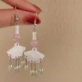 Chinese style long tassel fan earrings, elegant pink bead dangling ear jewelry for women. - Fan-shaped Earrings