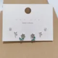 6-piece earring set featuring rhinestone flowers, pearls, and delicate leaf studs in silver. - Flower Rhinestone Stud Earrings