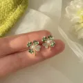 Spring flower clover earrings featuring green white enamel pearl and sparkling rhinestones for women. - Green Plaid Flowers