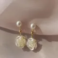Elegant white camellia flower and pearl dangle earrings for women, chic Korean jewelry. - Simple Pearl Camellia Earrings