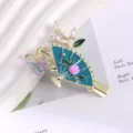 Metal fan hair clip with pearls and butterfly, Korean style side hairpin for women. - Fan Rhinestone Duckbill Clip / Gold