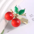 Cute red cherry metal hair clip with green enamel leaves, sweet fashion hair accessory for girls. - Cherry Rhinestone Duckbill Clip / Red