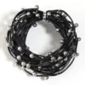 Punk style black multi-strand leather cord necklace with silver metal beads detail view. - Cord Width 3mm Stud Outer Diameter 6mm / Black