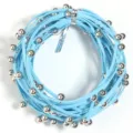 Detailed view of light blue leather cord with silver beads, punk style DIY jewelry making material. - Cord Width 3mm Stud Outer Diameter 6mm / Blue