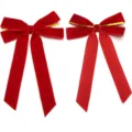 Red velvet Christmas bows with gold wire and long tails, ideal for holiday gift wrapping decor. - Double-Ear Gold Twist Tie / 2 Pieces Set / Red
