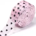 Pink sheer ribbon with black heart print detail shot for DIY crafts and gift wrapping - Light Pink