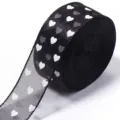 Nastro in organza trasparente nero con stampa a cuori bianchi per fai da te e confezioni regalo. - Nero