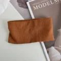 Brown ribbed knit headband, solid color elastic yoga hair band, retro wide sports style. - Caramel color