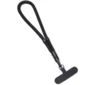Close-up view of the adjustable black phone wrist lanyard with a tether tab and metal clip. - Length 20cm (Without Spacer) Spacer Width 6cm Cord 7mm / Classic Black