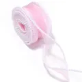 Close-up detail of pink organza ribbon with delicate pearl beaded edge for craft and decor. - 5 Yards/Pack / Beauty Pink
