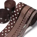 Brown grosgrain ribbon with white polka dots for DIY hair bows and gift wrapping crafts. - Ribbon Width 1.5cm (10 Yards/Roll) / Coffee