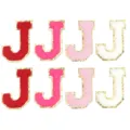 Toppe con lettera J in ciniglia e bordo glitterato dorato per abbigliamento e borse. - Lettera J (F6339) / 5.5cm Autoadesivo (8 Pezzi/Confezione)