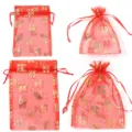 Sacchetti regalo in organza rossa trasparente con stampa oro, ideali per gioielli e feste. - 10 Pezzi/Confezione (13x18cm) / Doppia Felicità Bronzante
