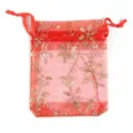 Sacchetto regalo in organza rossa con fiocchi d'oro, perfetto per confezionare gioielli e accessori. - 10 Pezzi/Confezione (7x9cm) / Fiocco di Neve di Natale Rosso (Stampa Oro)