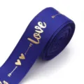 Blue gold foil love print polyester ribbon detail for DIY gift wrapping and bows craft decor. - Blue