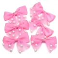 Pink ribbon mesh bow with faux pearl embellishments, detailed view of DIY accessories. - 6 Pieces/Pack / Rose Red