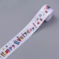 Weisses Polyesterband mit bunten Cartoon Motiven und Aufschrift fuer Geschenke und Partys. - 5 Yards Packung / Grüße Stil 1