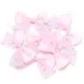 Pink ribbon mesh bow with faux pearls, DIY craft hair accessories and clothing apparel decor items. - 6 Pieces/Pack / Pink