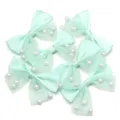 Mint green mesh ribbon bows with pearls for DIY hair clips and clothing accessories. - 6 Pieces/Pack / Green