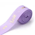 Purple polyester ribbon with gold love print for gift boxes and DIY bows, 1 roll. - Purple