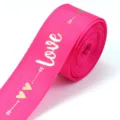 Hot-stamped love ribbon detail, pink polyester fabric with gold hearts for gift wrapping. - Rose Red