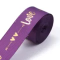 Purple polyester ribbon with gold foil Love print, ideal for DIY gift box packaging and bows. - Deep purple