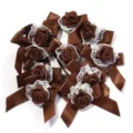 Brown satin ribbon rose appliques with white lace trim for diy lolita hair clips and crafts. - 10 Pieces Pack / Dark Coffee