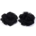 Detailed view of two black mesh fabric rose flower accessories for DIY crafts, apparel, and hair. - Black