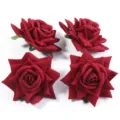 Detailed view of dark red artificial velvet rose flower heads, perfect for DIY crafts and wedding decor. - Rose Head / Set of 4 / Dark Red